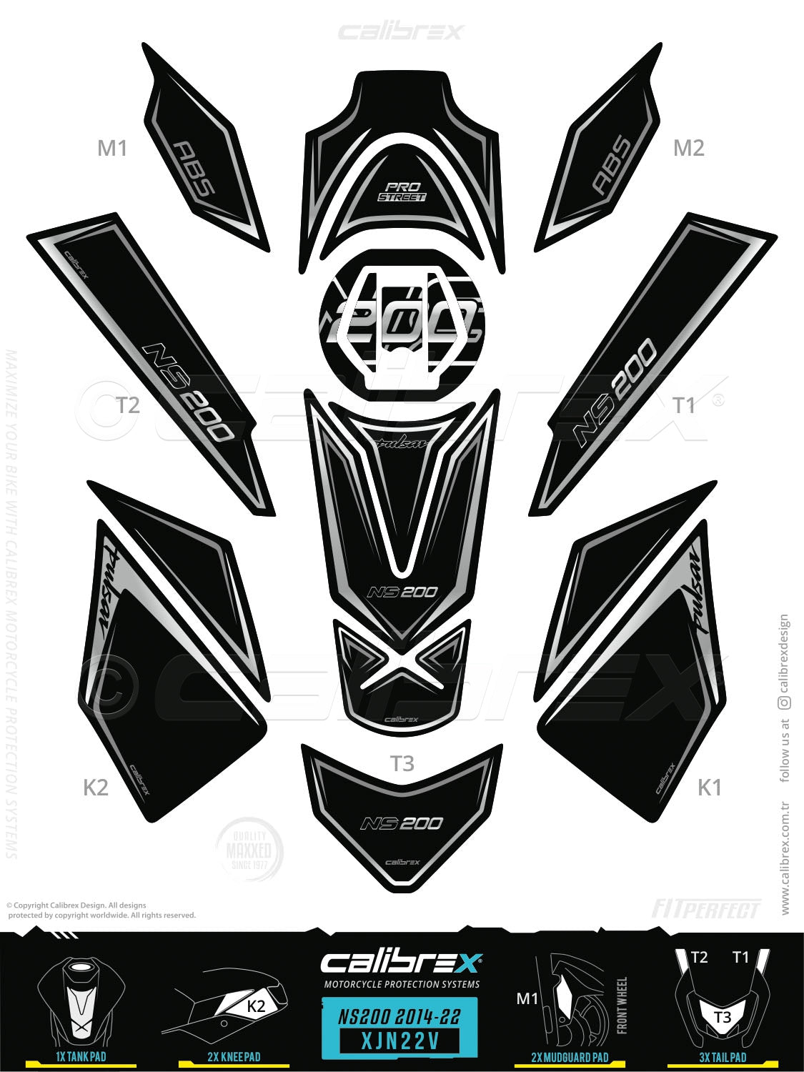 Bajaj Pulsar NS 200 2021-2026 Tank Pad & Knee Pads & Tail Pads Gray Calibrex XJN22V