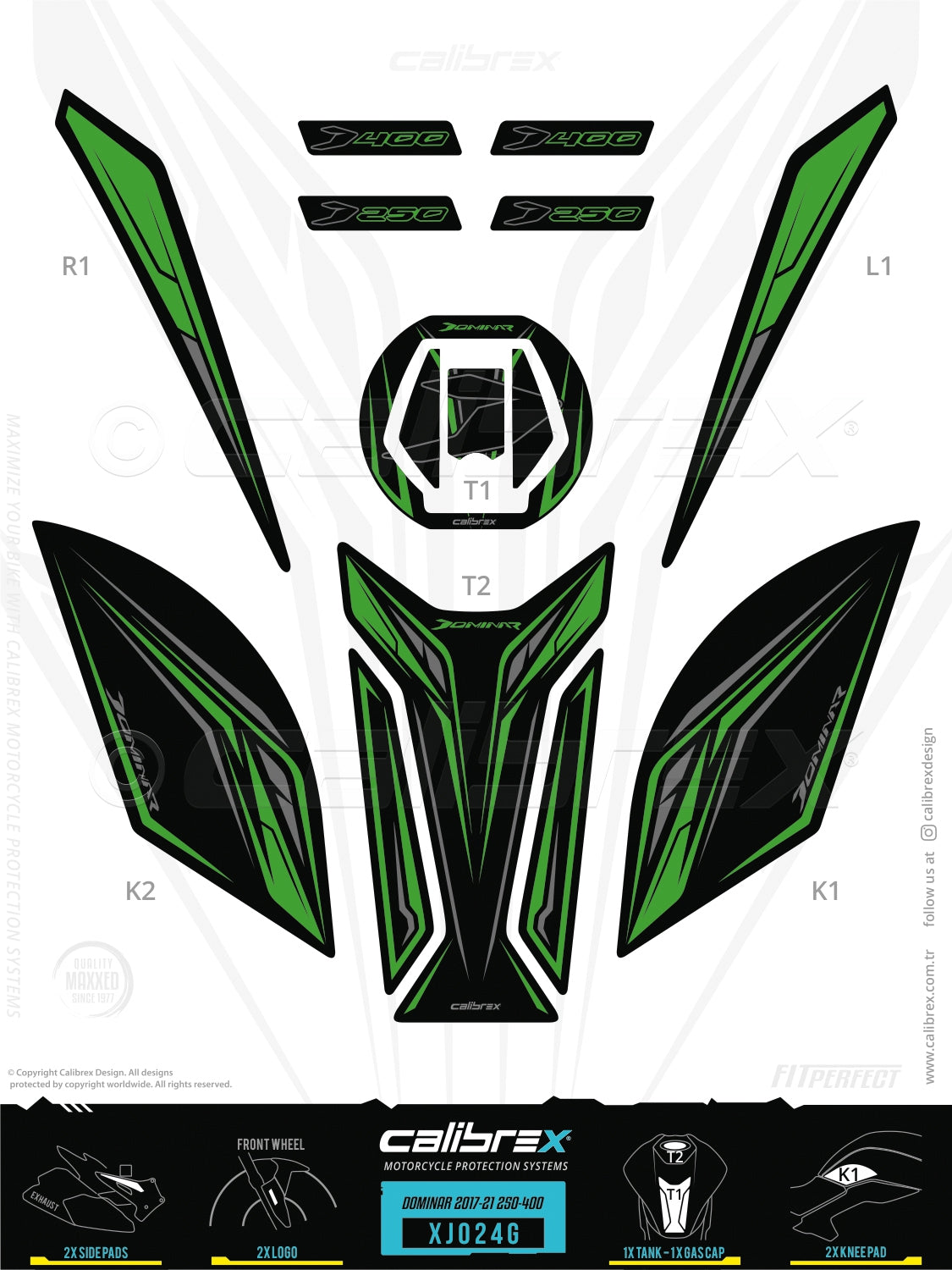 Bajaj Dominar 250-400 2017-2026 Tank Pad & Knee Pads & Gas Cap Pad Green Calibrex XJ024G