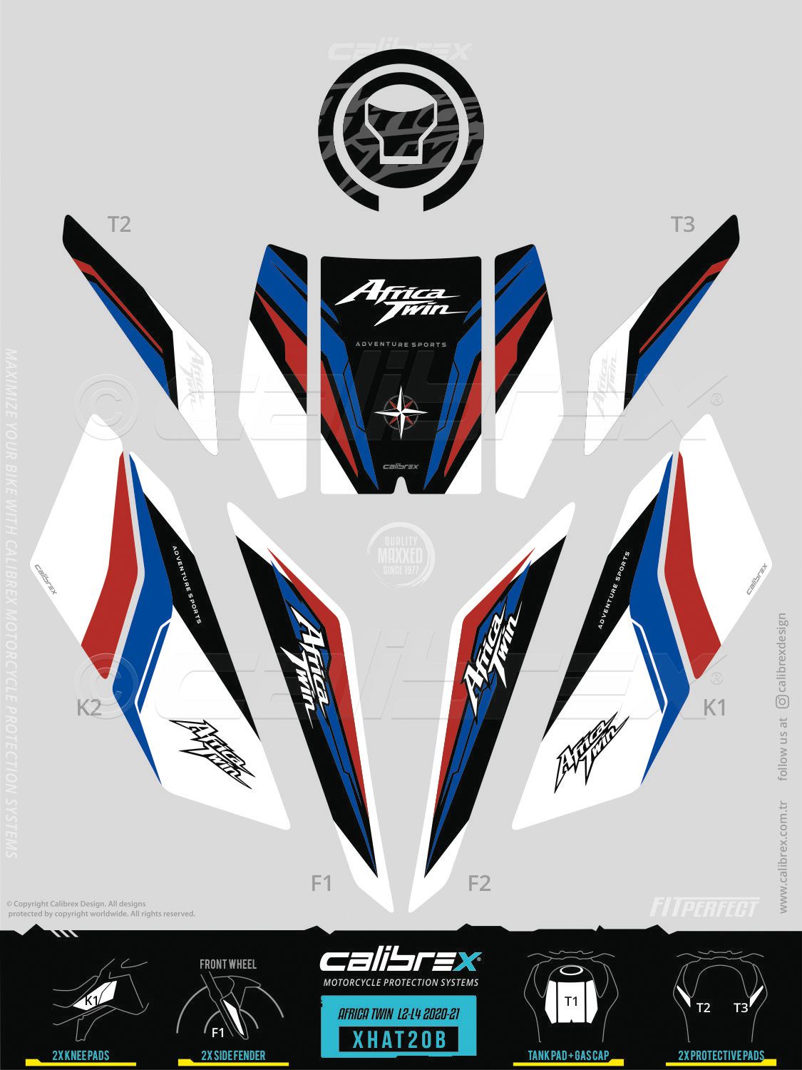 Honda Africa Twin L2-L4 2020-2026 Tank Pad & Knee Pads & Protection Kit Tricolor Calibrex XHAT20B