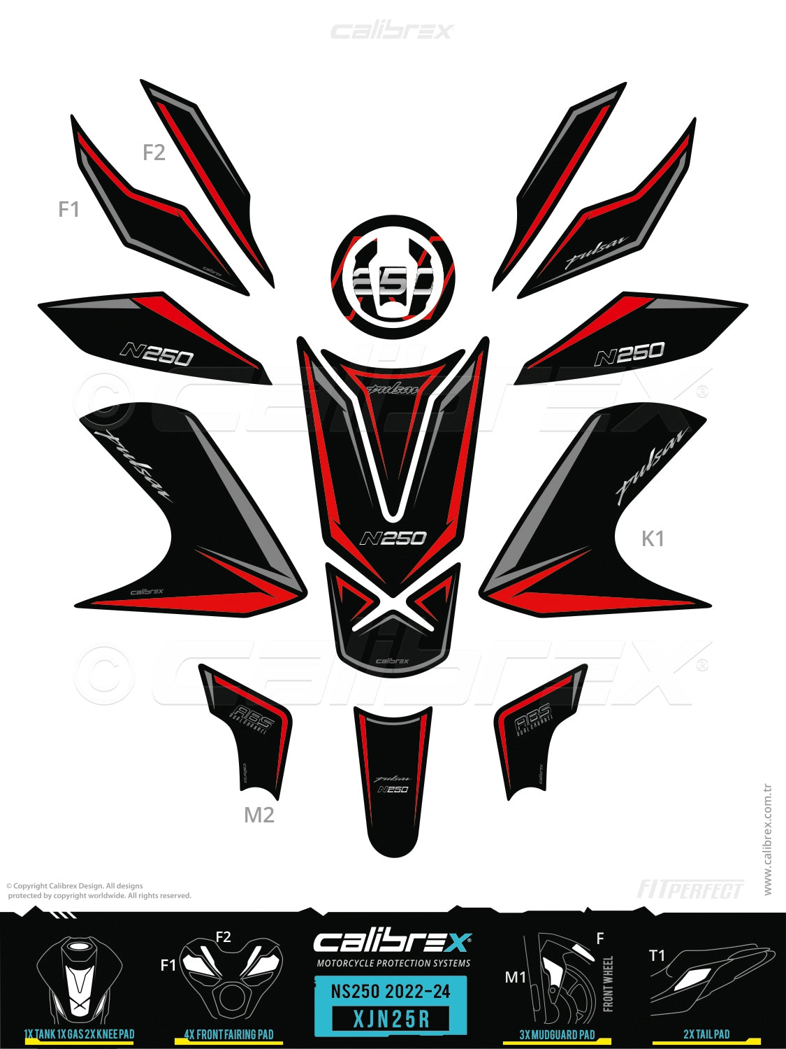 Bajaj Pulsar N250 2023-2026 Tank Pad – Knee Pads – Tail Pads – Front Pads Red Calibrex XJN25R