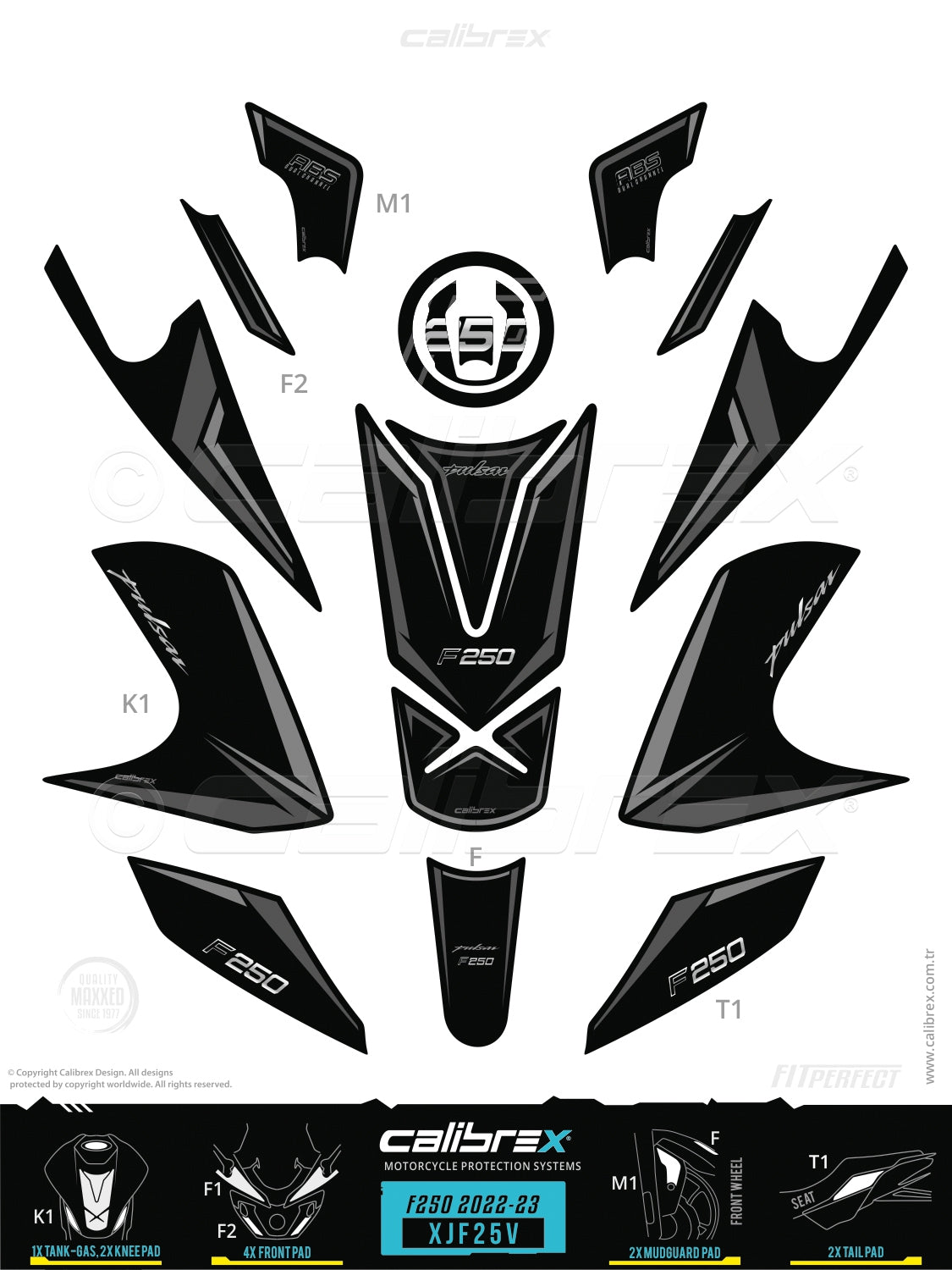 Bajaj Pulsar F250 2022-2026 Tank Pad & Knee Pads & Tail Pads & Front Pads Gray Calibrex XJF25V