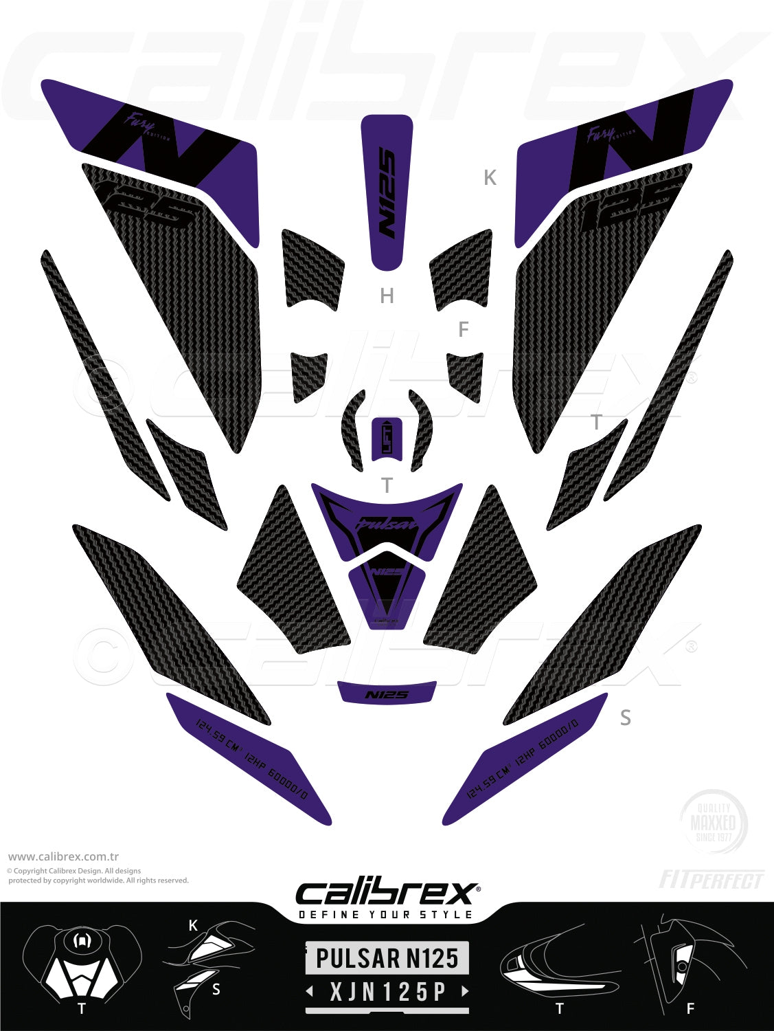 Bajaj Pulsar N125 2025 Tank Pad & Knee Pads & Tail Pads Purple Carbon Calibrex XJN125P