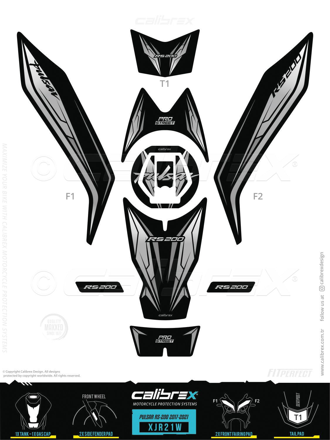 Bajaj Pulsar RS 200 2017-2026 Tank Pad & Front Fairing Pads Gray Calibrex XJR21W