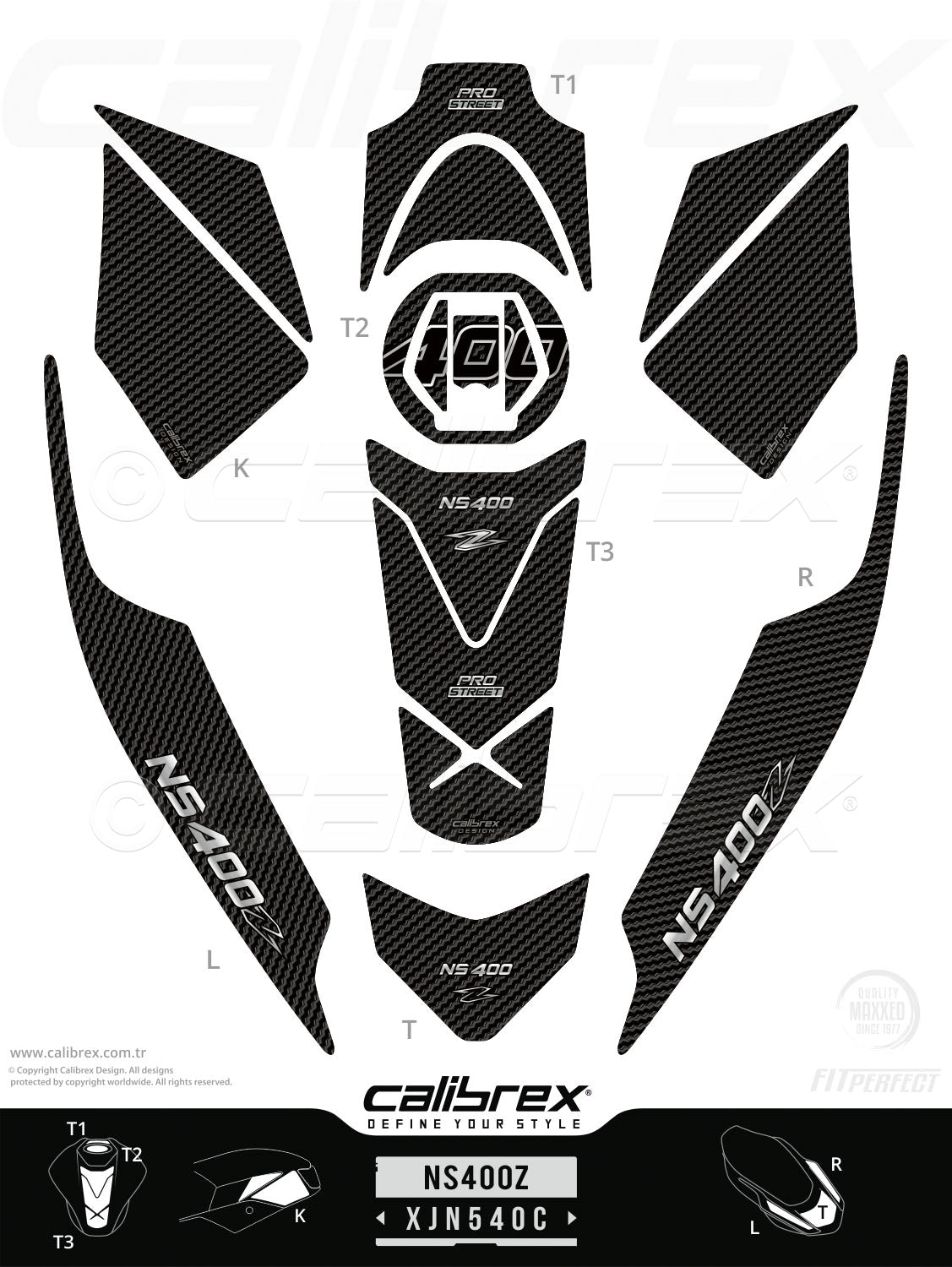 Bajaj Pulsar NS 400Z 2025-2026 Tank Pad & Knee Pads & Tail Pads Carbon Calibrex XJN540C