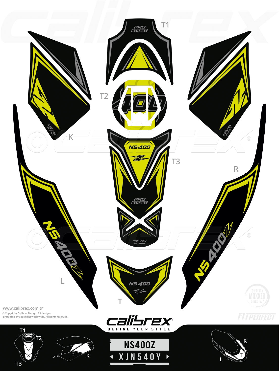 Bajaj Pulsar NS 400Z 2025-2026 Tank Pad & Knee Pads & Tail Pads Yellow Calibrex XJN540Y