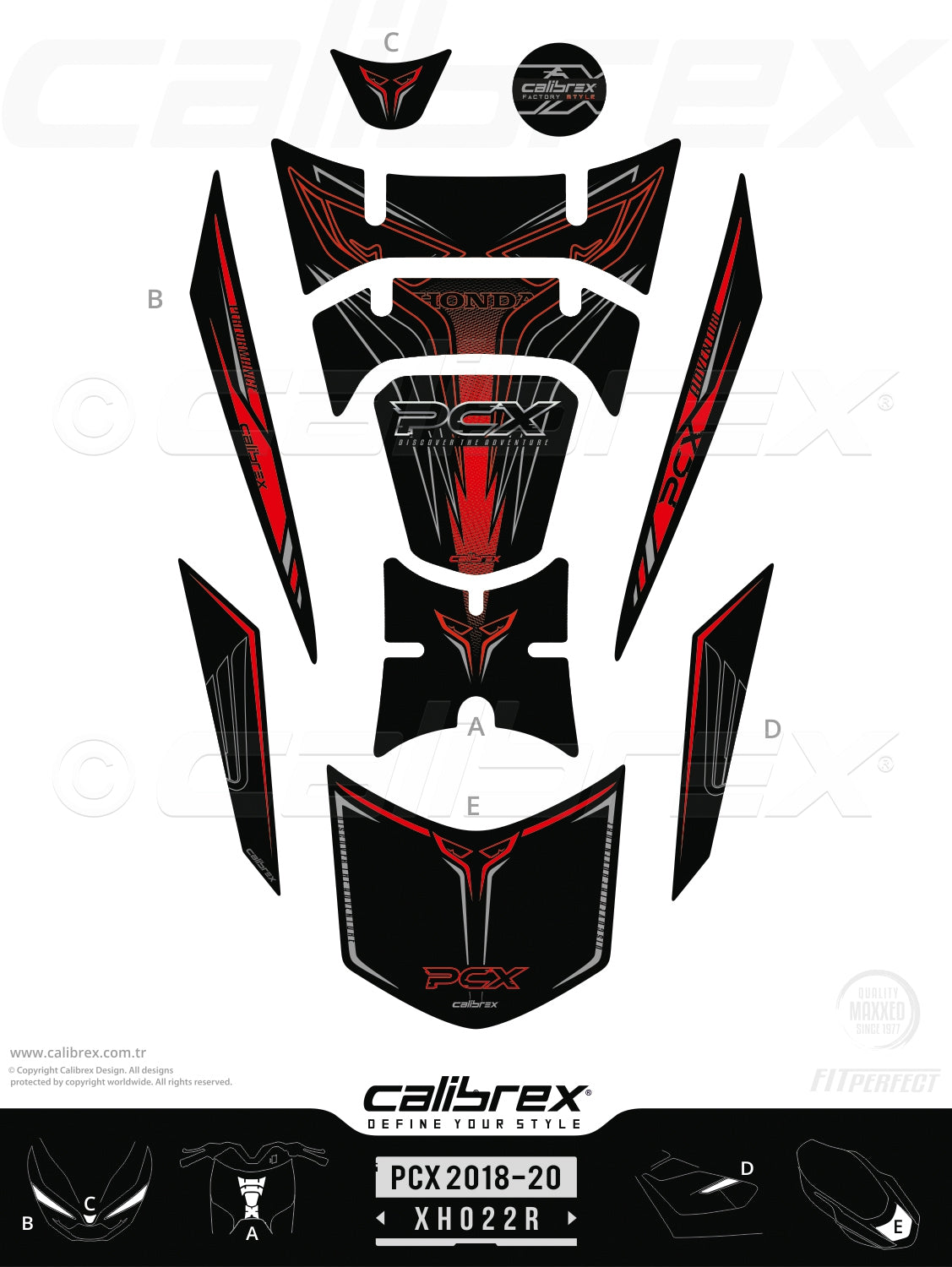 Honda Pcx 2018-2020 Tank Pad & Protection Kit Red Calibrex XH022R