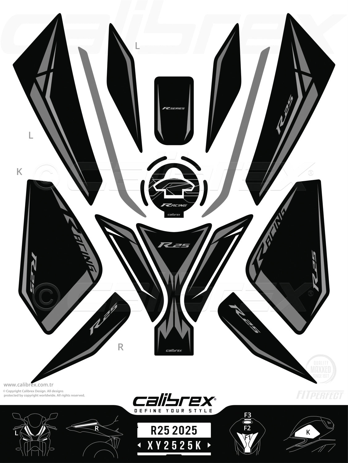Yamaha R25 2025-2026 Tank Pad & Knee Pads & Front Pads & Tail Pads Midnight Black Calibrex XY2525K