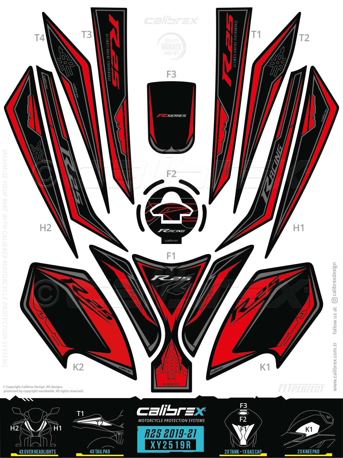 Yamaha R25 2019-2024 Tank Pad & Knee Pads & Front Pads & Tail Pads Red Calibrex XY2519R