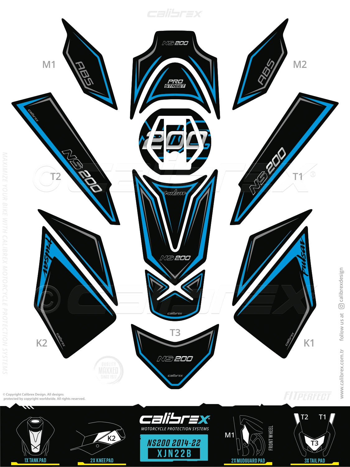Bajaj Pulsar NS200 2021-2026 Tank Pad & Knee Pads & Tail Pads Blue Calibrex XJN22B