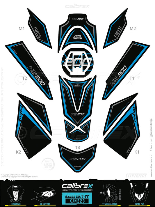 Bajaj Pulsar NS200 2021-2026 Tank Pad & Knee Pads & Tail Pads Blue Calibrex XJN22B