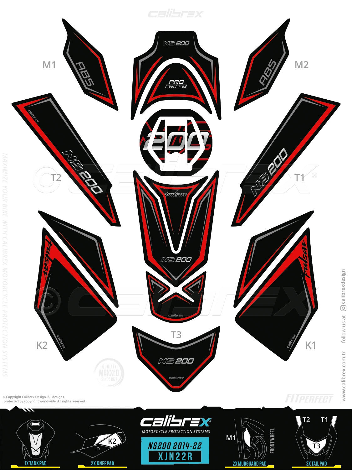 Bajaj Pulsar NS 200 2021-2026 Tank Pad & Knee Pads & Tail Pads Red Calibrex XJN22R