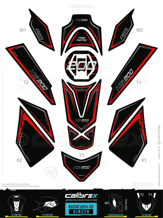 Bajaj Pulsar NS 200 2021-2026 Tank Pad & Knee Pads & Tail Pads Red Calibrex XJN22R