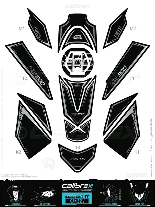 Bajaj Pulsar NS 200 2021-2026 Tank Pad & Knee Pads & Tail Pads Gray Calibrex XJN22V