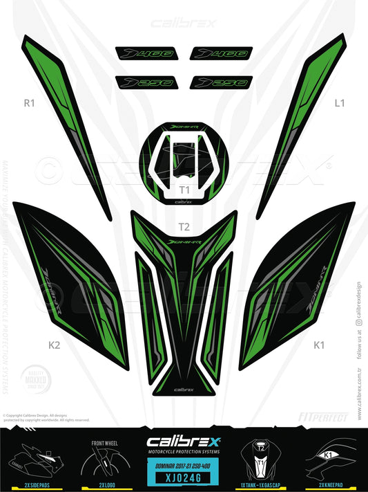 Bajaj Dominar 250-400 2017-2026 Tank Pad & Knee Pads & Gas Cap Pad Green Calibrex XJ024G