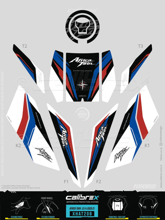 Honda Africa Twin L2-L4 2020-2026 Tank Pad & Knee Pads & Protection Kit Tricolor Calibrex XHAT20B