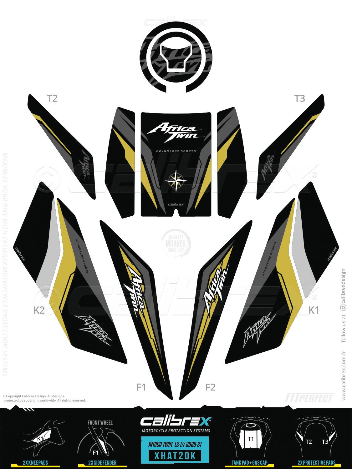 Honda Africa Twin L2-L4 2020-2026 Tank Pad & Knee Pads & Protection Kit Black-Gold Calibrex XHAT20K