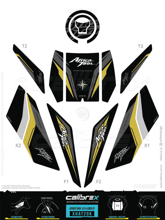 Honda Africa Twin L2-L4 2020-2026 Tank Pad & Knee Pads & Protection Kit Black-Gold Calibrex XHAT20K