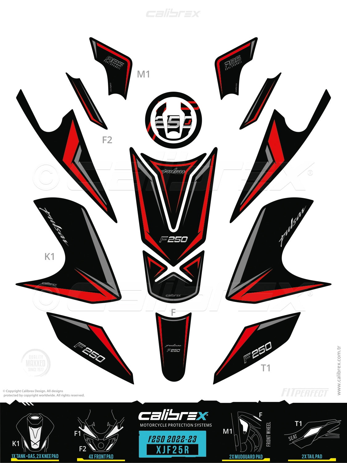 Bajaj Pulsar F250 2022-2026 Tank Pad & Knee Pads & Tail Pads & Front Pads Red Calibrex XJF25R