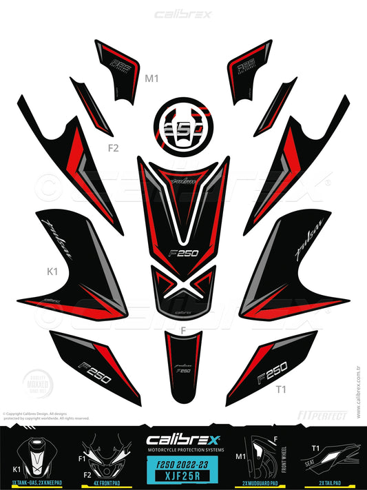 Bajaj Pulsar F250 2022-2026 Tank Pad & Knee Pads & Tail Pads & Front Pads Red Calibrex XJF25R