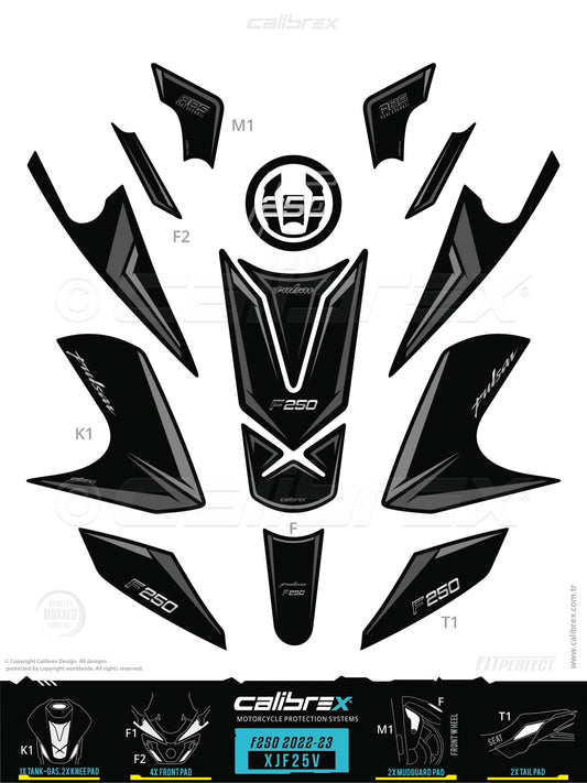 Bajaj Pulsar F250 2022-2026 Tank Pad & Knee Pads & Tail Pads & Front Pads Gray Calibrex XJF25V
