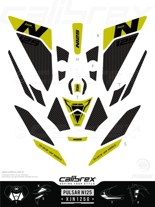 Bajaj Pulsar N125 2025 Tank Pad & Knee Pads & Tail Pads Green Carbon Calibrex XJN125G