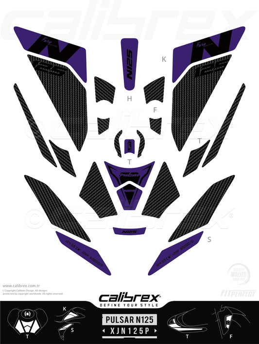 Bajaj Pulsar N125 2025 Tank Pad & Knee Pads & Tail Pads Purple Carbon Calibrex XJN125P