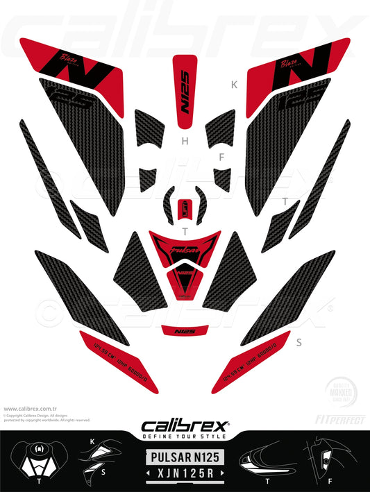 Bajaj Pulsar N125 2025 Tank Pad & Knee Pads & Tail Pads Red Carbon Calibrex XJN125R