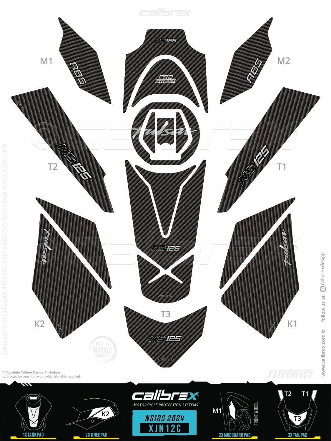 Bajaj Pulsar NS 125 2024-2026 Tank Pad & Knee Pads & Tail Pads Carbon Calibrex XJN12C