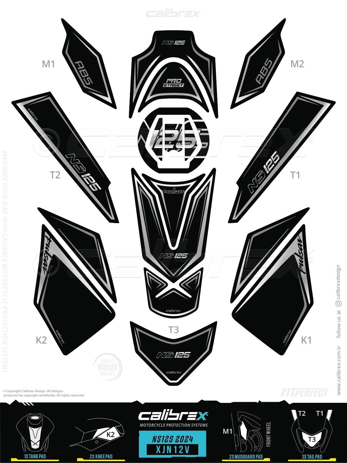 Bajaj Pulsar NS 125 2024-2026 Tank Pad & Knee Pads & Tail Pads Grey Calibrex XJN12V