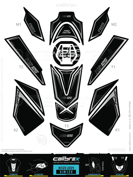 Bajaj Pulsar NS 125 2024-2026 Tank Pad & Knee Pads & Tail Pads Grey Calibrex XJN12V