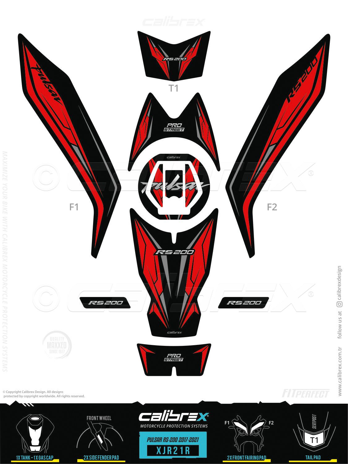 Bajaj Pulsar RS 200 2017-2026 Tank Pad & Front Fairing Pads Red Calibrex XJR21R