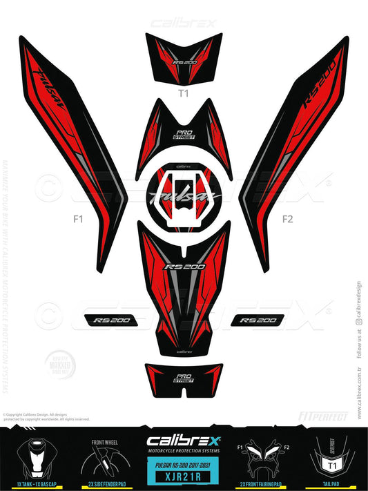 Bajaj Pulsar RS 200 2017-2026 Tank Pad & Front Fairing Pads Red Calibrex XJR21R