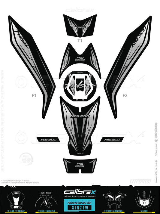 Bajaj Pulsar RS 200 2017-2026 Tank Pad & Front Fairing Pads Gray Calibrex XJR21W