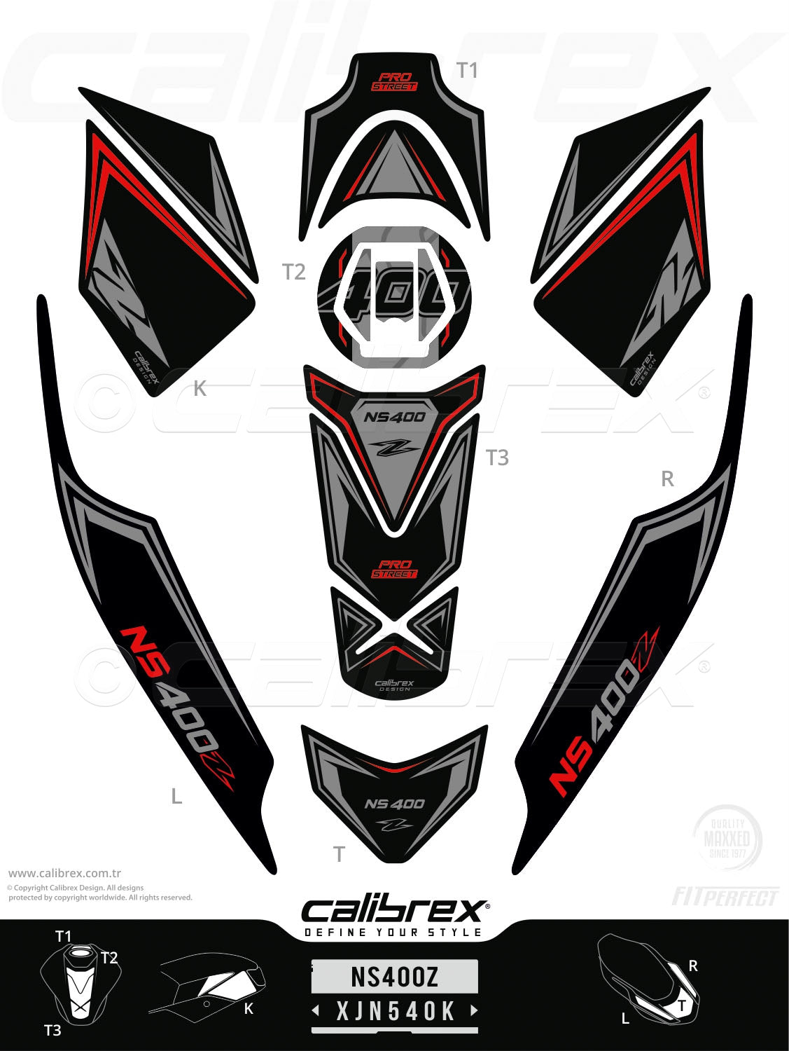 Bajaj Pulsar NS 400Z 2025-2026 Tank Pad & Knee Pads & Tail Pads Gray-Red Calibrex XJN540K