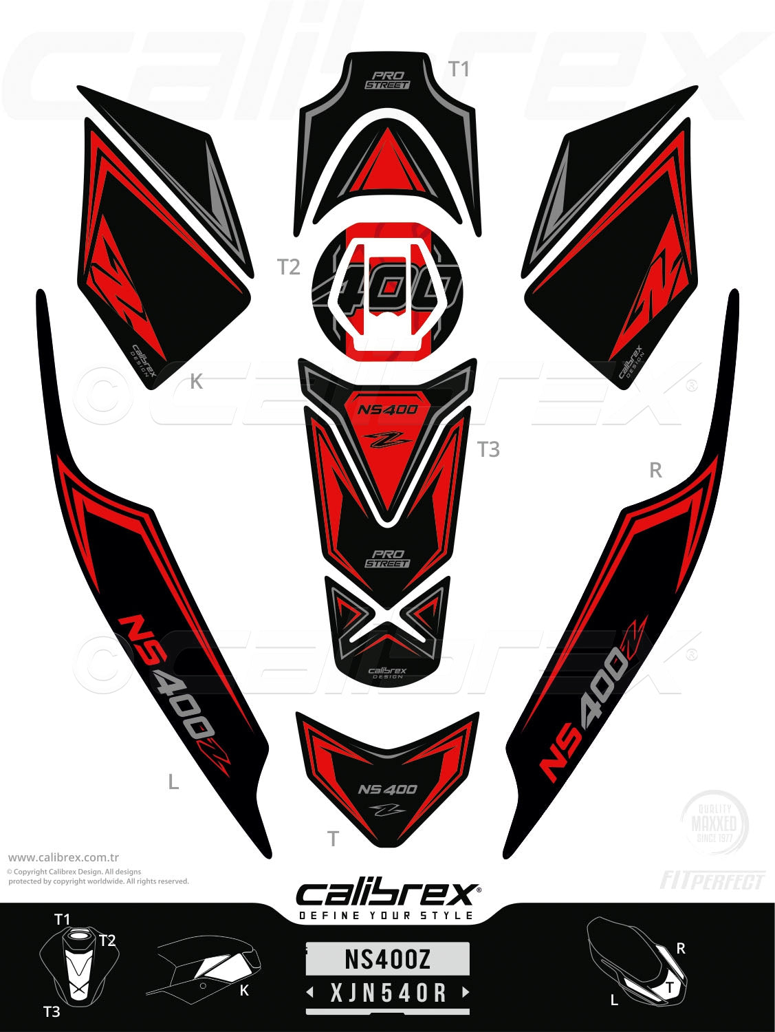 Bajaj Pulsar NS 400Z 2025-2026 Tank Pad & Knee Pads & Tail Pads Red Calibrex XJN540R