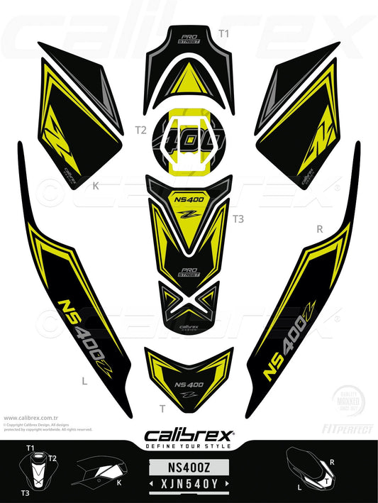 Bajaj Pulsar NS 400Z 2025-2026 Tank Pad & Knee Pads & Tail Pads Yellow Calibrex XJN540Y