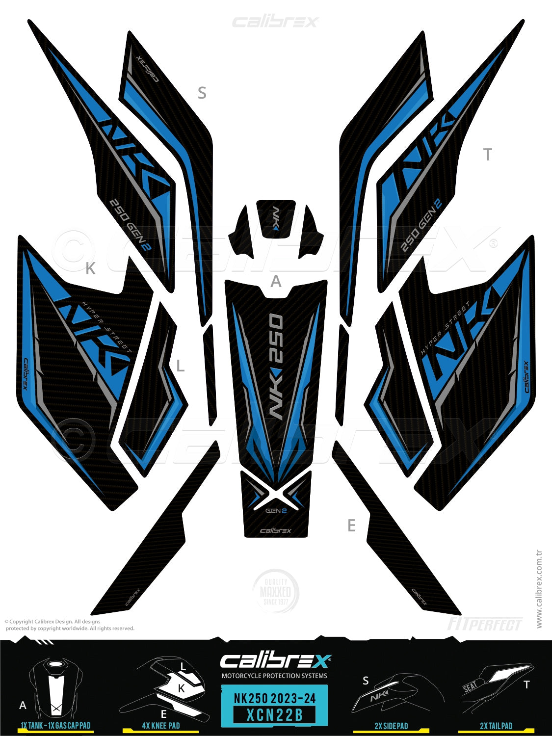 CfMoto 250NK 2023-2026 Tank pad & Knee Pads & Tail Pads Blue Calibrex XCN22B
