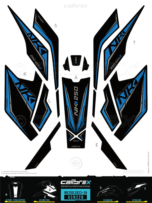 CfMoto 250NK 2023-2026 Tank pad & Knee Pads & Tail Pads Blue Calibrex XCN22B