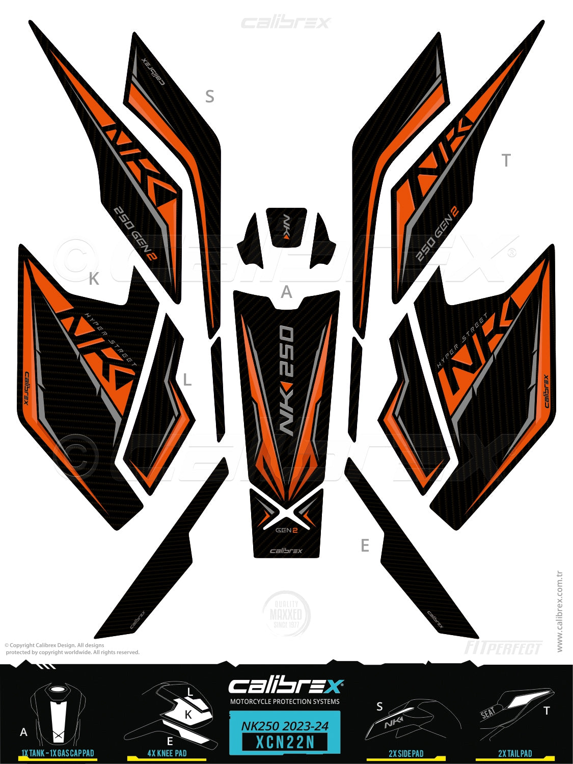 CfMoto 250NK 2023-2026 Tank pad & Knee Pads & Tail Pads Orange Calibrex XCN22N