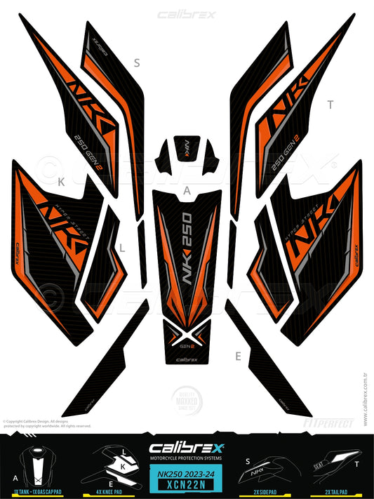 CfMoto 250NK 2023-2026 Tank pad & Knee Pads & Tail Pads Orange Calibrex XCN22N