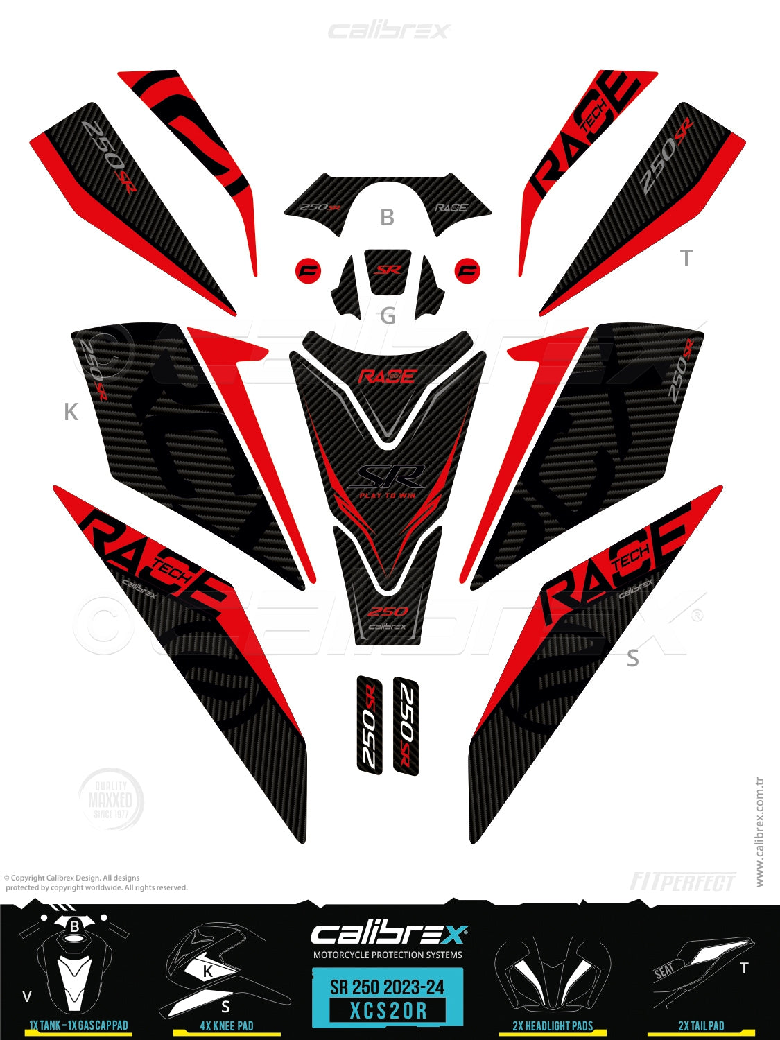 CfMoto 250SR 2024-2026 Tank pad & Knee Pads & Front Pads & Tail Pads Calibrex XCS20R