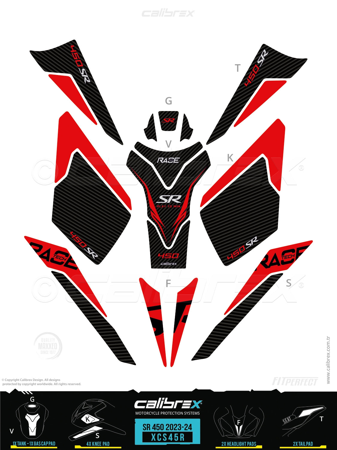 CfMoto 450SR 2023-2026 Motorcycle Tank pad & Knee Pads & Tail Pads & Red Calibrex XCS45R