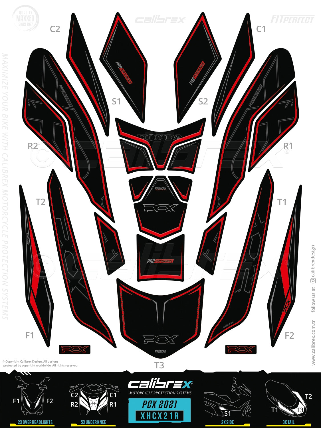 Honda Pcx 2021-2024 Tank Pad & Protection Kit Red Calibrex XHCX21R