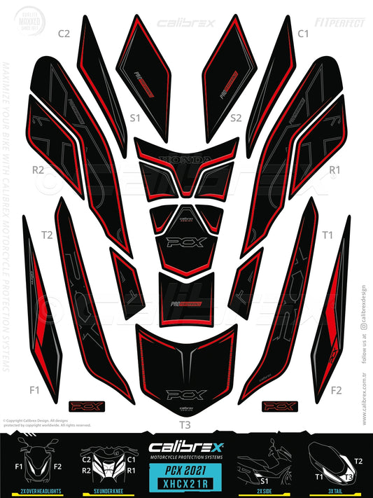 Honda Pcx 2021-2024 Tank Pad & Protection Kit Red Calibrex XHCX21R