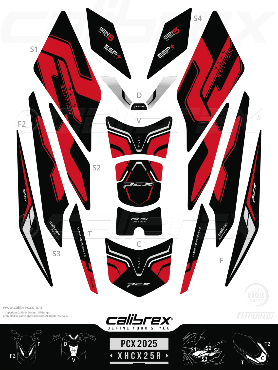 Honda Pcx 2025-2026 Tank Pad & Protection Kit Red Calibrex XHCX25R