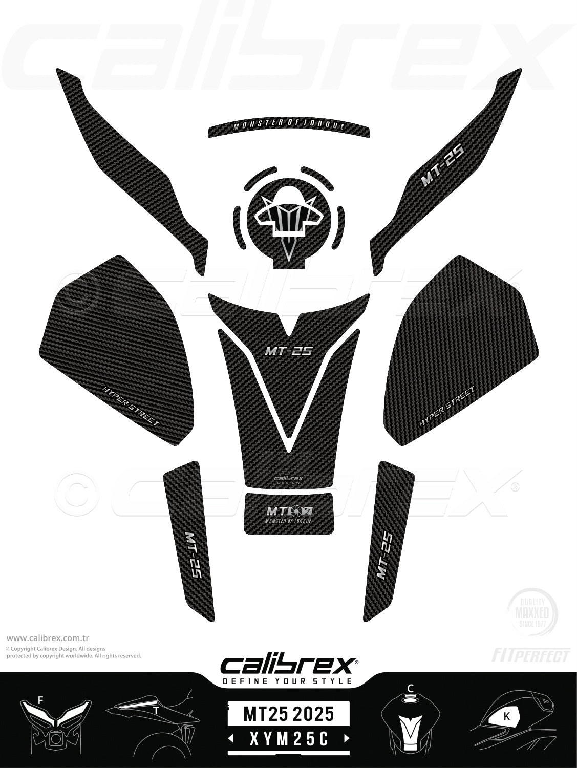 Yamaha MT-25 2025-2026 Tank Pad & Knee Pads & Front Pads & Tail Pads Carbon Calibrex XYM25C