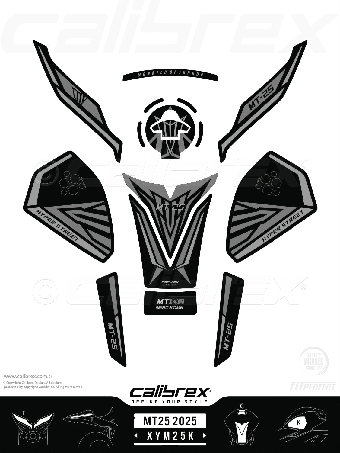 Yamaha MT-25 2025-2026 Tank Pad & Knee Pads & Front Pads & Tail Pads Icon Black Calibrex XYM25K