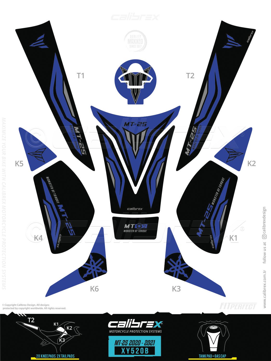 Yamaha MT-25 2020-2024 Tank Pad & Knee Pads & Tail Pads Blue Calibrex XY520B
