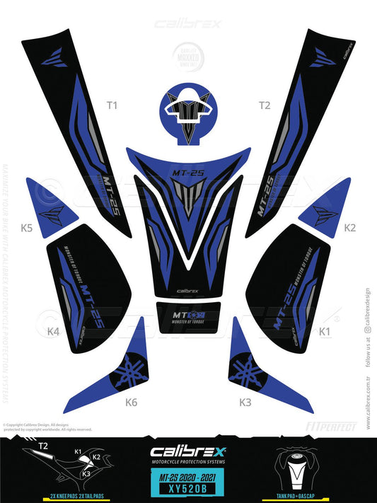 Yamaha MT-25 2020-2024 Tank Pad & Knee Pads & Tail Pads Blue Calibrex XY520B