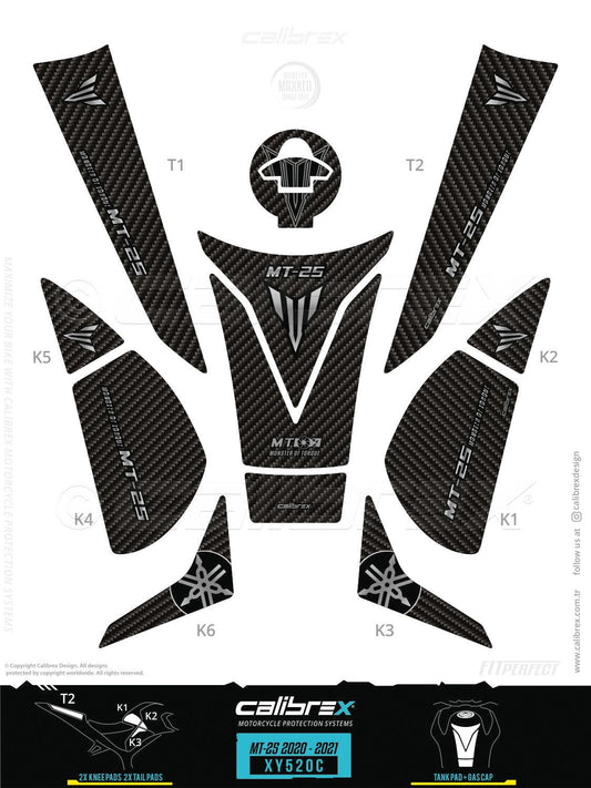 Yamaha MT-25 2020-2024 Tank Pad & Knee Pads & Tail Pads Carbon Calibrex XY520C
